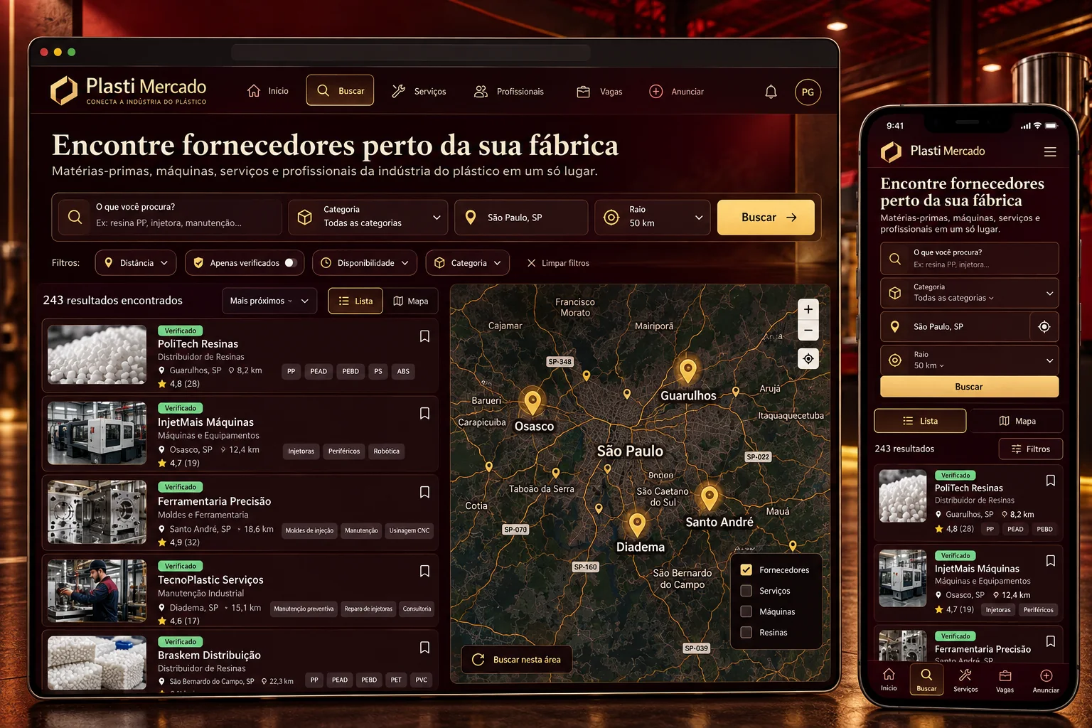 Prévia da busca geográfica por empresas e prestadores