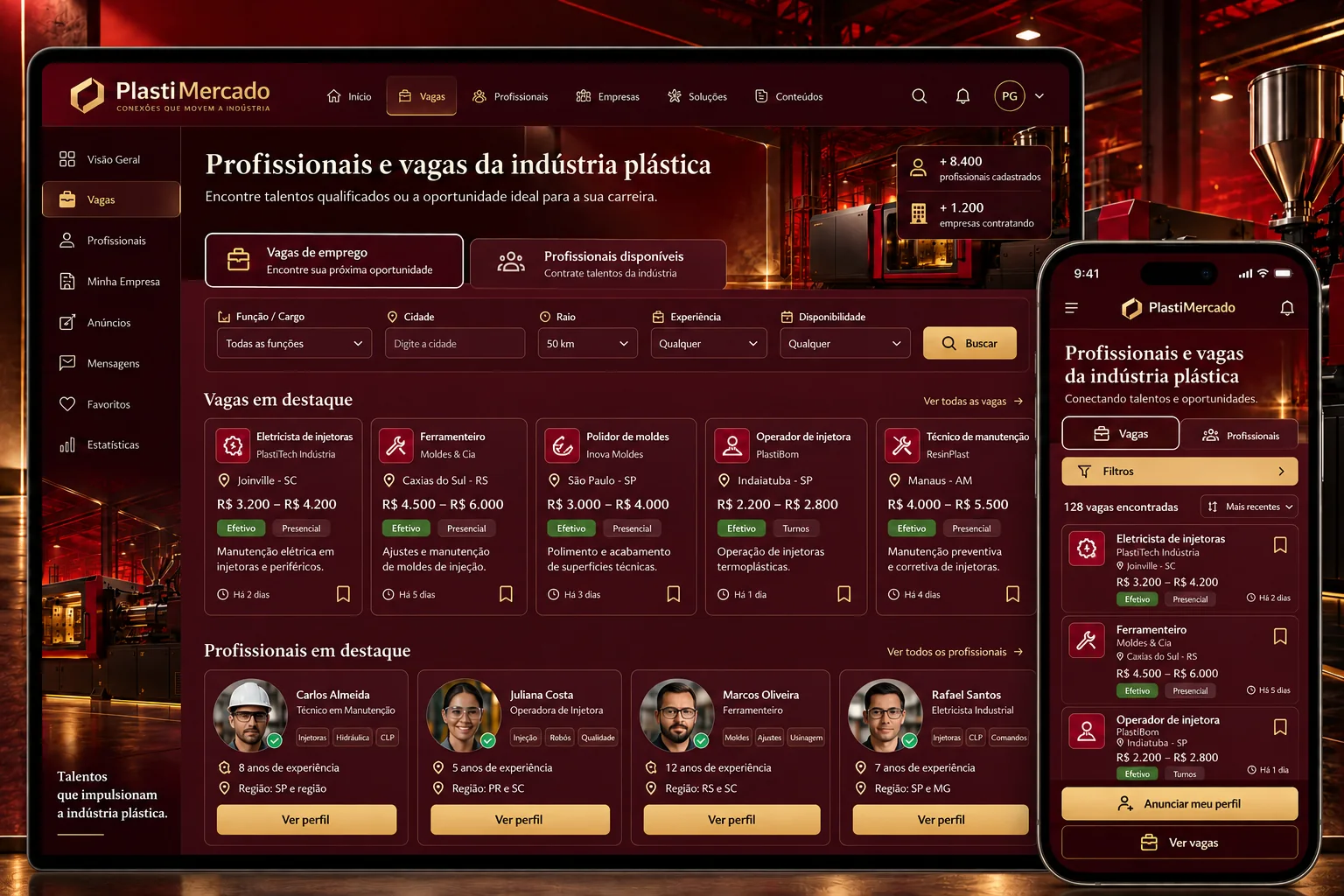 Tela conceitual de profissionais e vagas especializadas